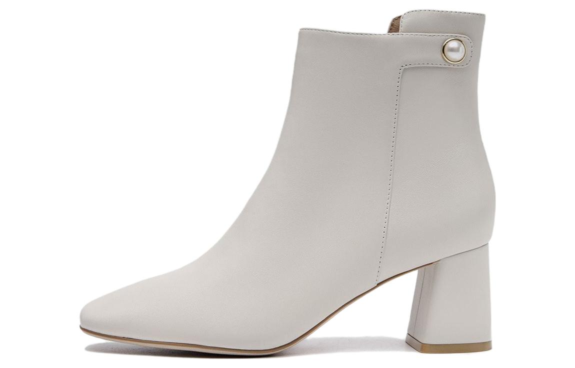 (Women) Aokang 'White Sheepskin Square-Toe Block Heel Ankle Boot' 1214911011