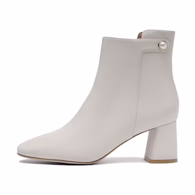 (W) Aokang 'White Sheepskin Square-Toe Block Heel Ankle Boot'