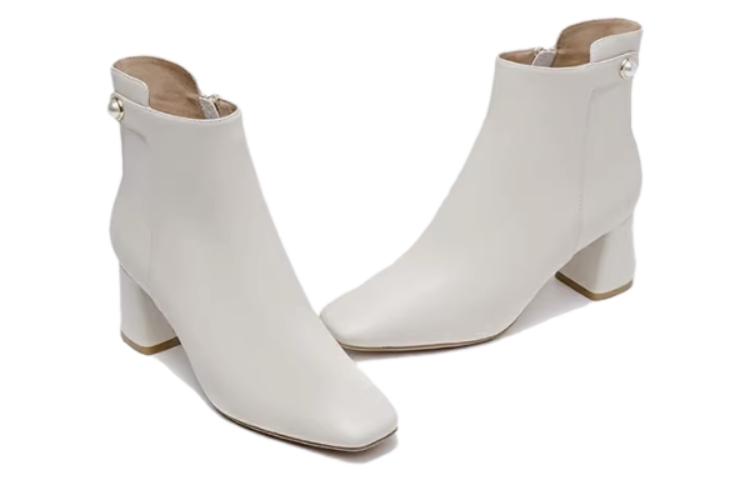 Shop (W) Aokang 'Botín Blanco de Piel de Oveja con Tacón Cuadrado y Punta Cuadrada' 1214911011