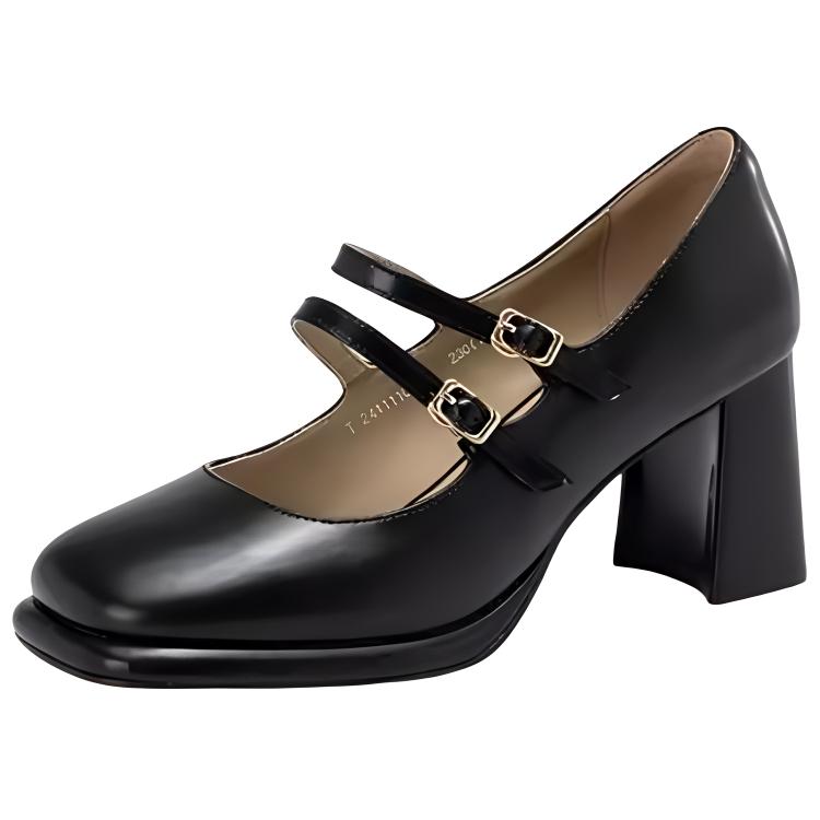 (Women) AOKANG Black Leather Mary Jane Chunky Heels 7.3cm with Buckle Design T244111035