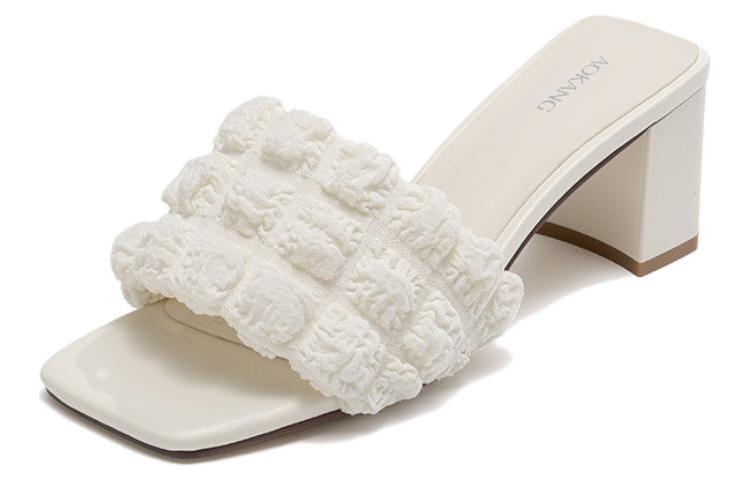 Order 奧康AOKANG 布 仙女風法式溫柔露趾 一字拖鞋 女款 米色