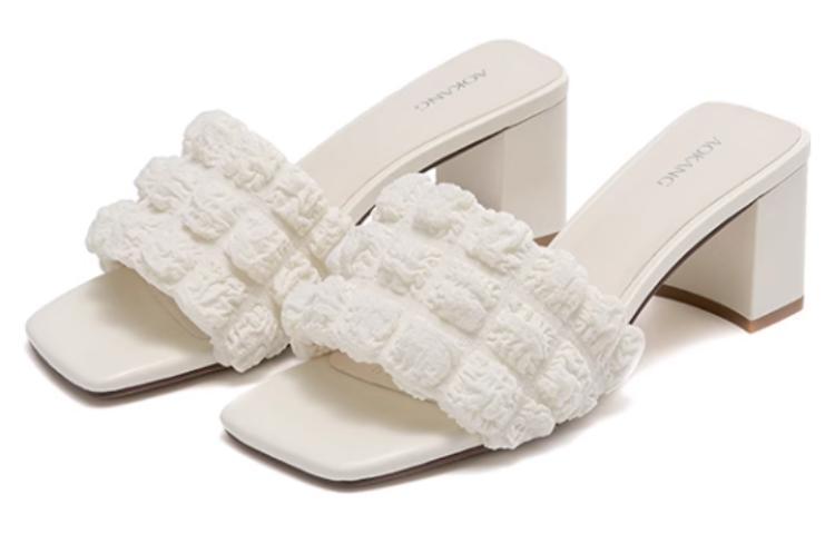 Shop 奧康AOKANG 布 仙女風法式溫柔露趾 一字拖鞋 女款 米色