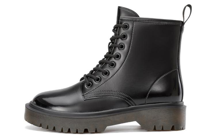 (W) Aokang Lace-Up Round Toe Mid-Calf Martin Boots 'Black 4cm Heel'