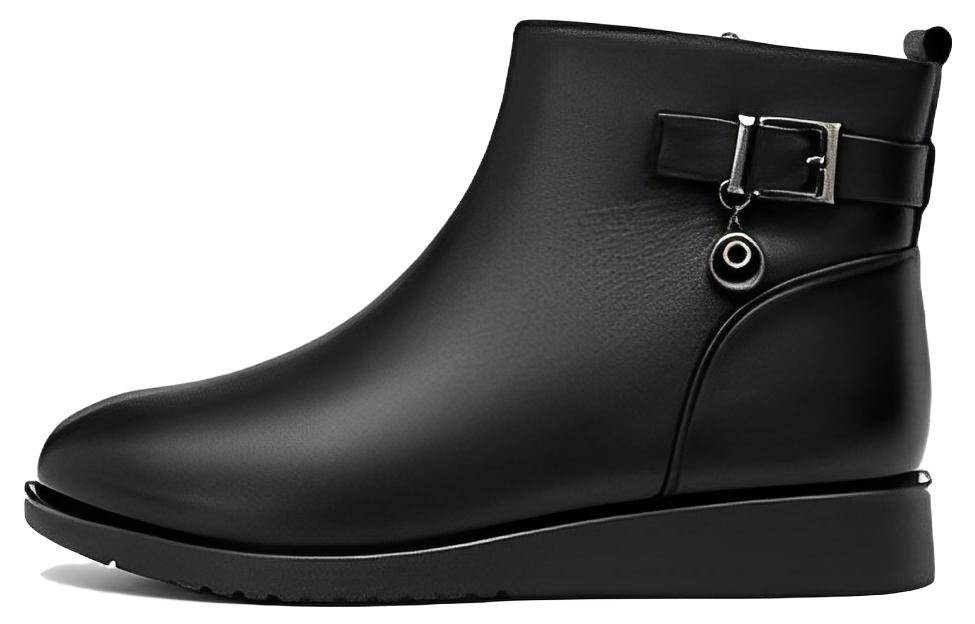 (Women) Aokang Leather Ankle Boot 'Black Fleece-Lined Warm' 1214021027