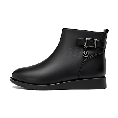 (W) Aokang Leather Ankle Boot 'Black Fleece-Lined Warm'