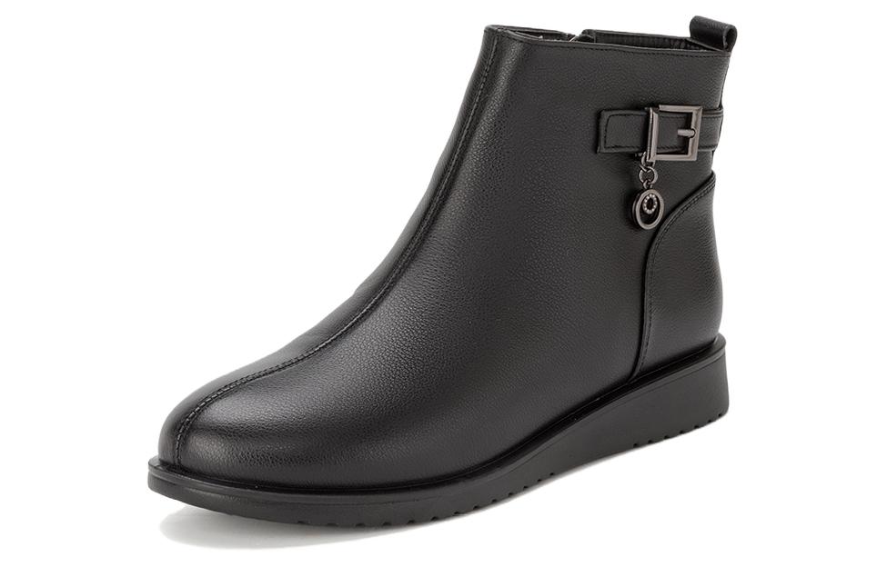 Order (Women) Aokang Leather Ankle Boot 'Black Fleece-Lined Warm' 1214021027