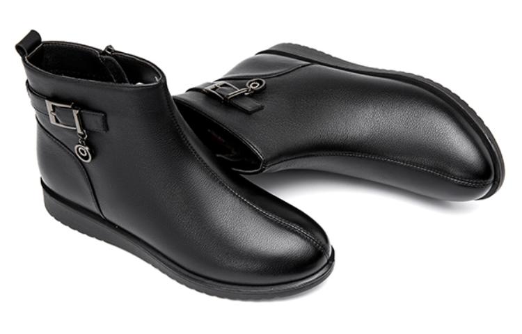 Shop (Women) Aokang Leather Ankle Boot 'Black Fleece-Lined Warm' 1214021027