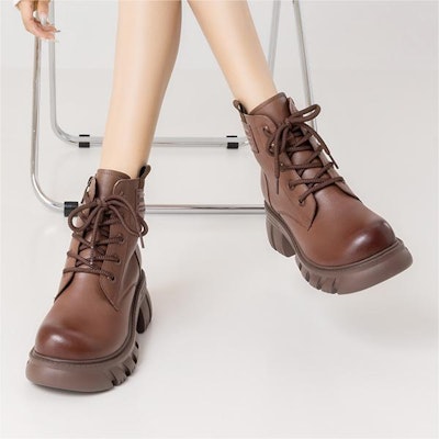 (W) 아오캉 가죽 캐주얼 라운드토 미들카프 부츠 (브라운) 1224013011 Shop (W) 아오캉 가죽 캐주얼 라운드토 미들카프 부츠 (브라운) 1224013011