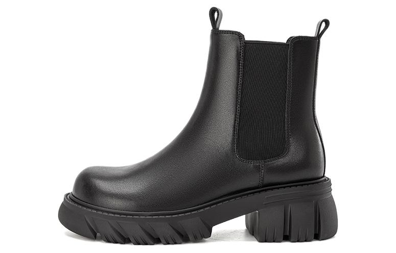 (Women) Aokang Leather Chelsea Boots 'Simple Versatile Mid-Calf Black' 1224014002