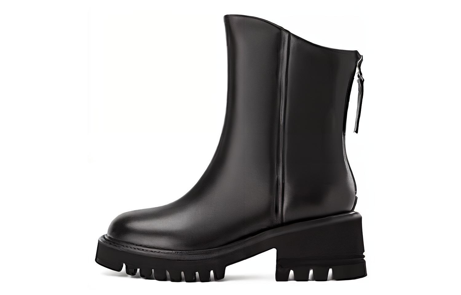 (W) Aokang Leather Chunky Heel Round Toe Ankle Boot 'Black'