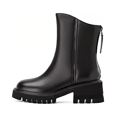 (W) Aokang Leather Chunky Heel Round Toe Ankle Boot 'Black'