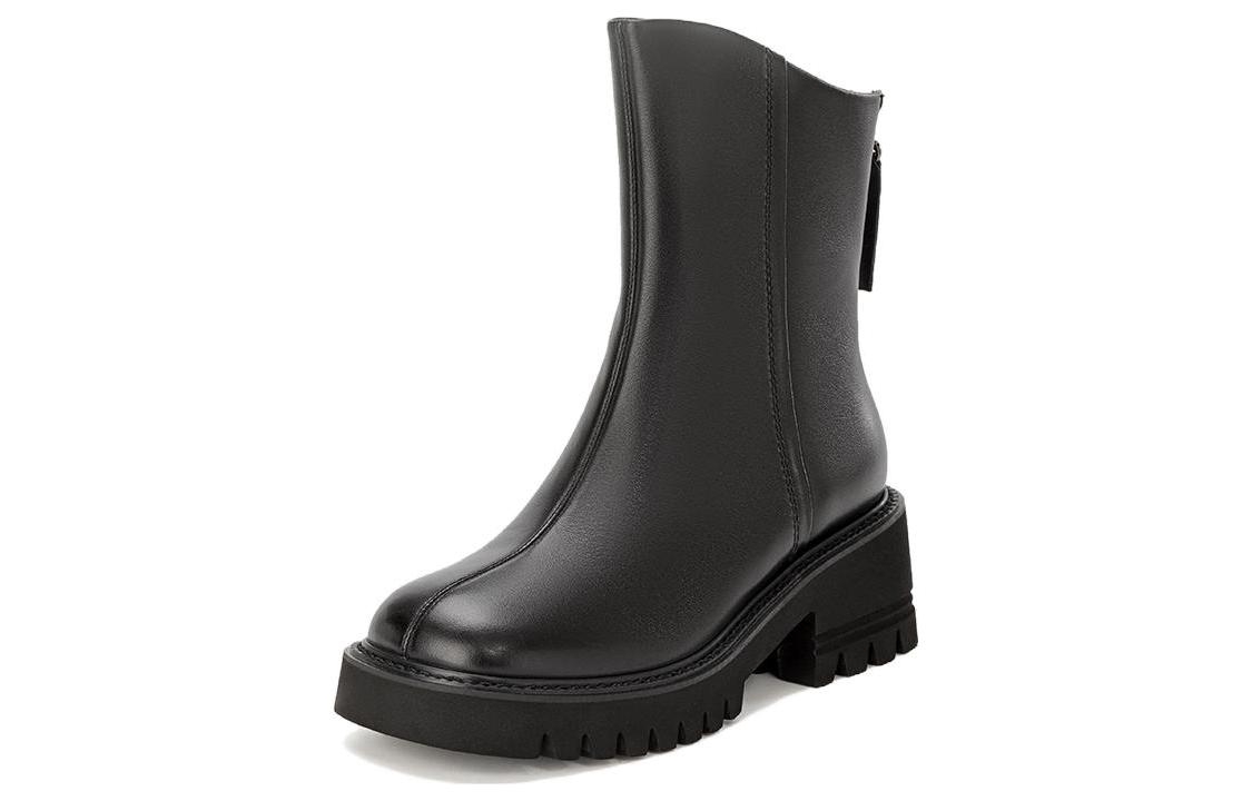 (W) Aokang Leather Chunky Heel Round Toe Ankle Boot 'Black' 圖 2