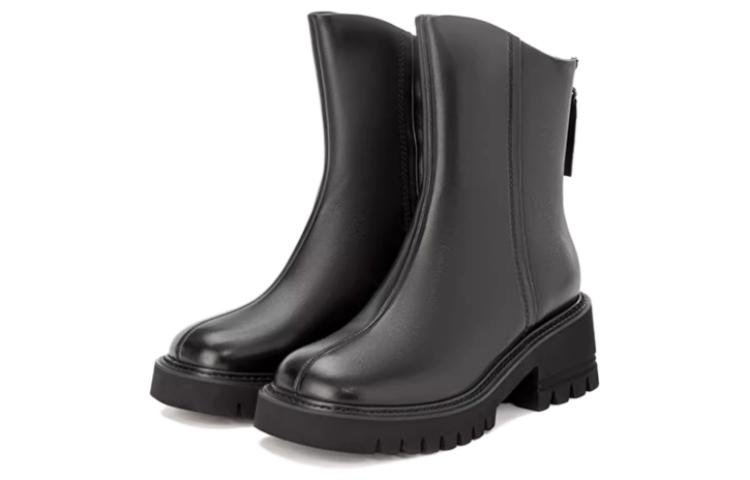 (W) Aokang Leather Chunky Heel Round Toe Ankle Boot 'Black' 圖 3