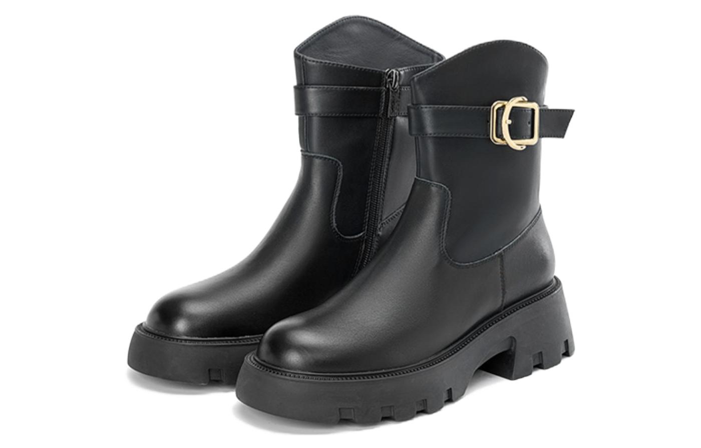 (Women) Aokang Leather Fashion Versatile Ankle Boot 'Black' 1224914070