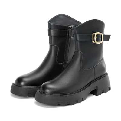 (W) Aokang Leather Fashion Versatile Ankle Boot 'Black'