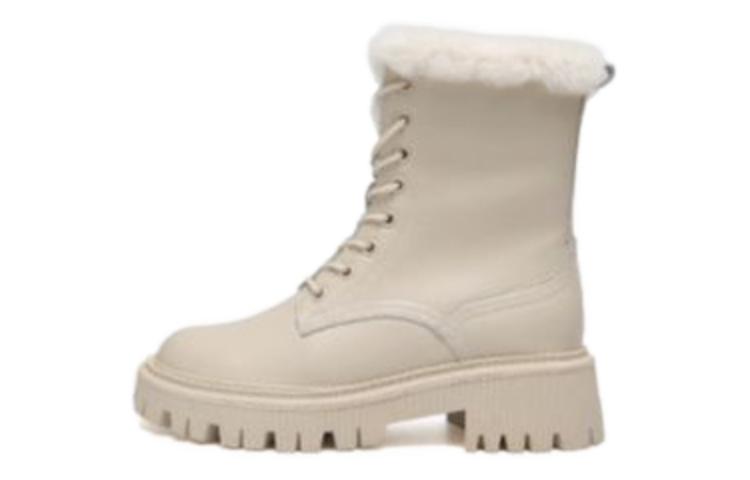 (Women) Aokang Leather Mid-Calf Martin Boots 'Beige Fleece-Lined' 1214013038