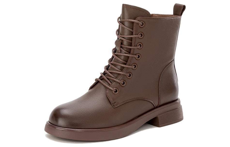 (Women) Aokang Leather Mid-Calf Martin Boots 'Brown Fleece-Lined' 1224013017
