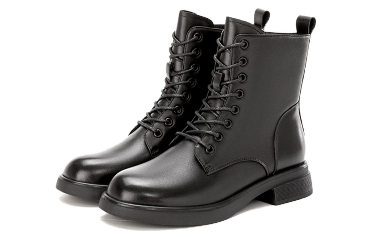 (Women) Aokang Leather Mid-Calf Martin Boots 'Fleece-Lined Warmth Black' 1224013016