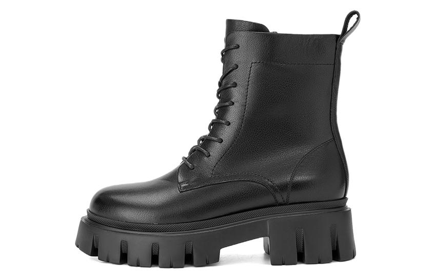 (Women) Aokang Leather Mid-Heel Lace-Up Ankle Boots 'Black' 1224013008