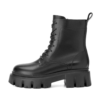 (W) Aokang Leather Mid-Heel Lace-Up Ankle Boots 'Black'
