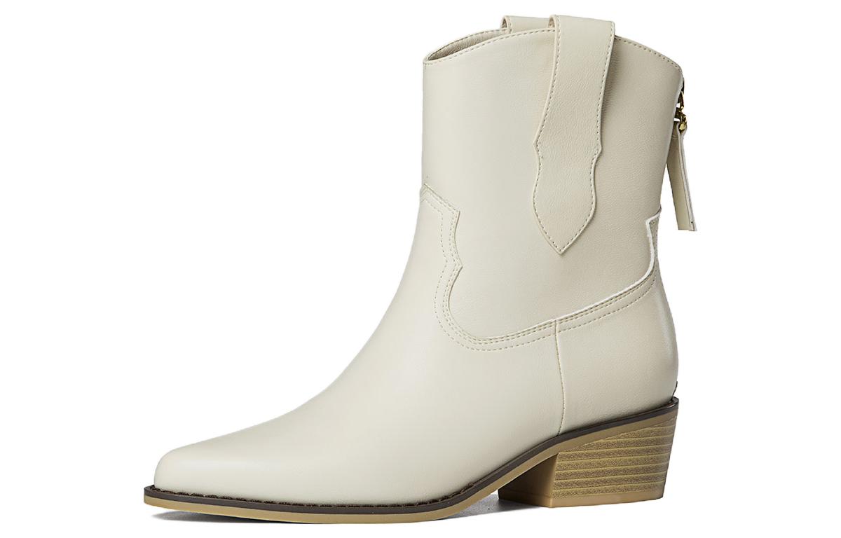 (W) Aokang Leather Pointed Toe Chunky Heel Ankle Boot 'Beige'