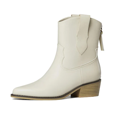 (W) Aokang Leather Pointed Toe Chunky Heel Ankle Boot 'Beige'