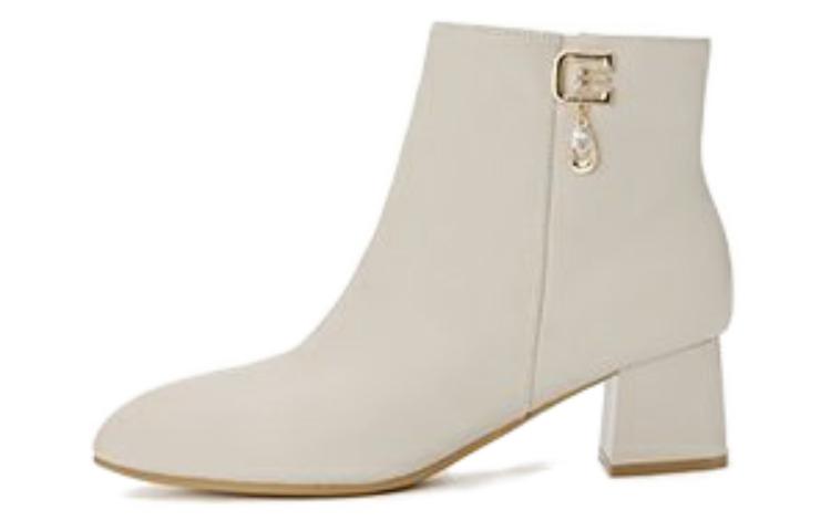 (Women) Aokang Leather Pointed Toe Zip Ankle Boot 'Beige' 1224011002