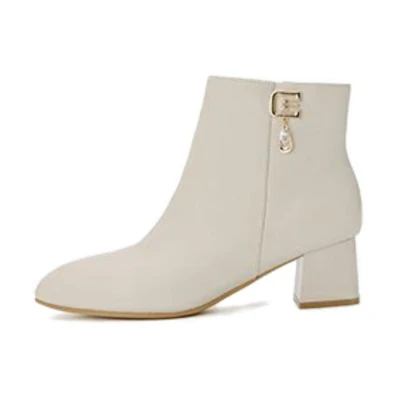 (W) Aokang Leather Pointed Toe Zip Ankle Boot 'Beige'