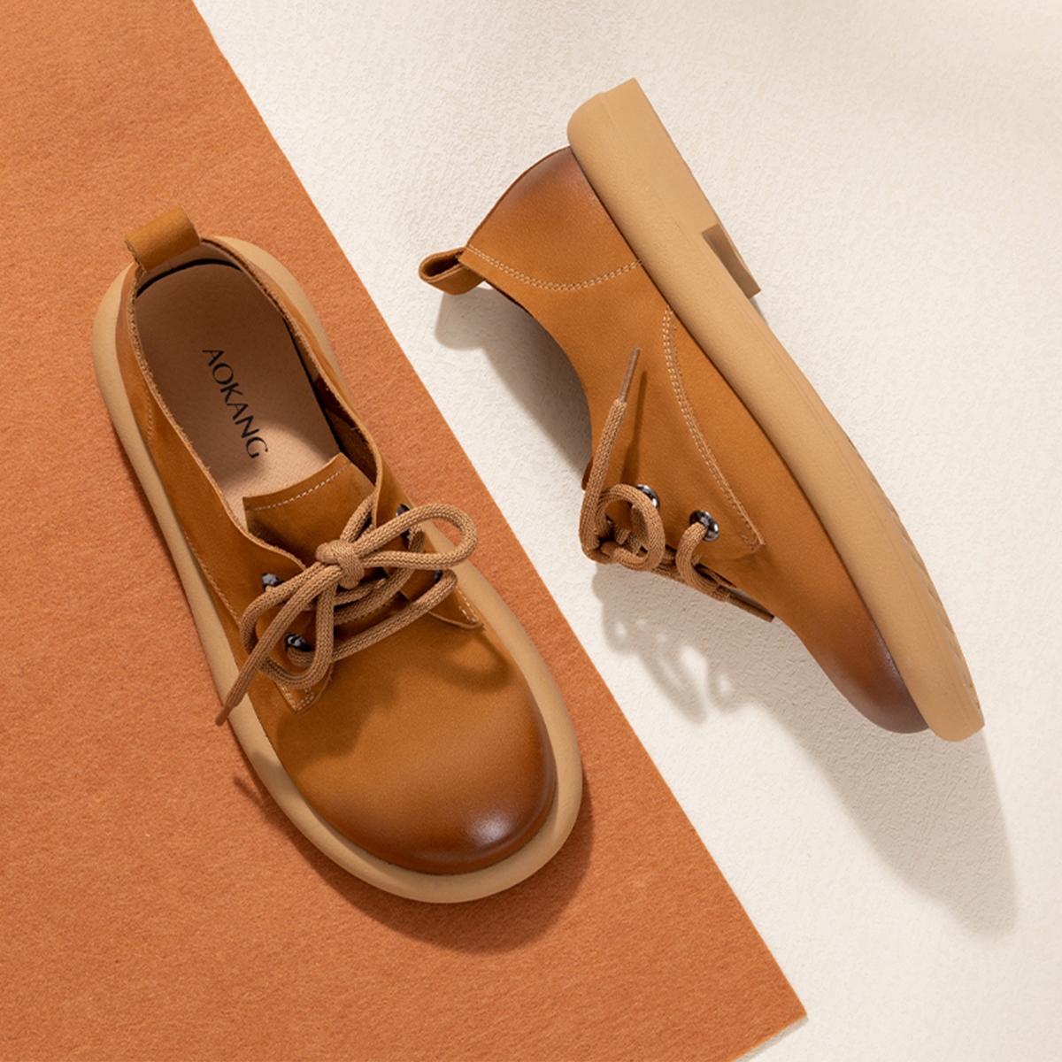 (W) Aokang Leather Retro Round Toe Lace-up Casual 'Brown' 圖 7
