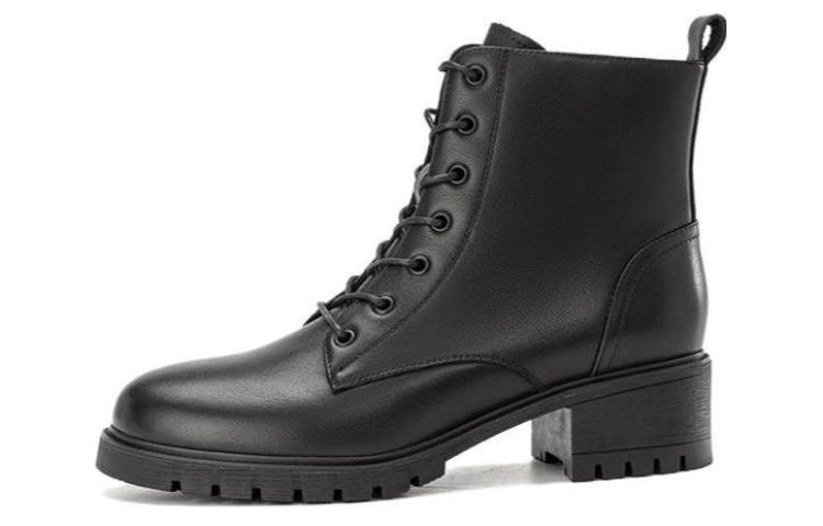 (Women) Aokang Leather Round Toe Fashion Mid-Calf Martin Boots 'Black' 1224913032