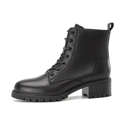 (W) Aokang Leather Round Toe Fashion Mid-Calf Martin Boots 'Black'