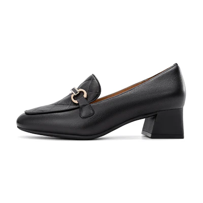(W) Aokang Leather Round Toe Fashion Slip-On Chunky Heel 'Black'