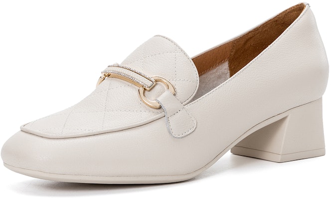 (Women) Aokang Leather Round Toe Fashion Slip-On Chunky Heel 'Beige' 1224414050 Order (Women) Aokang Leather Round Toe Fashion Slip-On Chunky Heel 'Beige' 1224414050