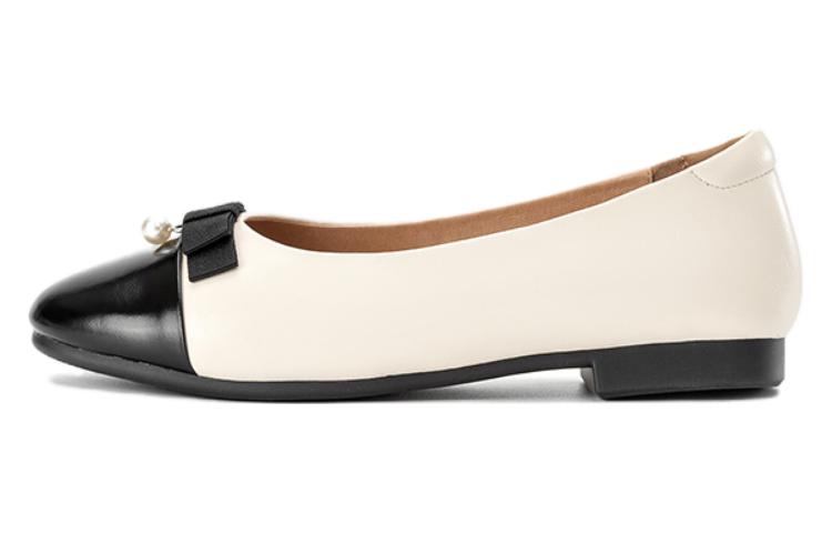 (W) Aokang Leather Round Toe Flat 'Beige Black'
