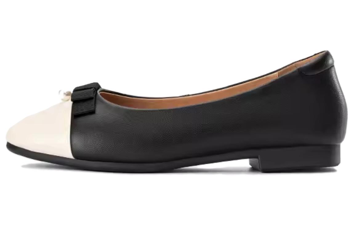 (W) Aokang Leather Round Toe Flats 'Black Beige'