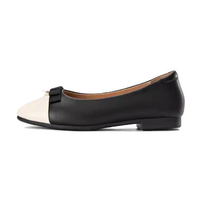 (W) Aokang Leather Round Toe Flats 'Black Beige'