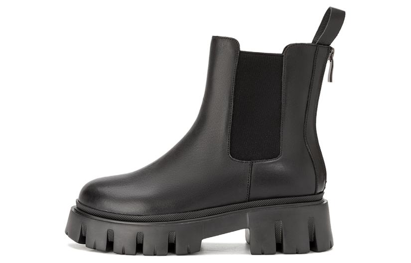 (W) Aokang Leather Round Toe Lace-Up Mid-Calf Chelsea Boot 'Black'