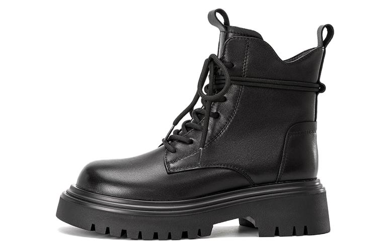 (Women) Aokang Leather Round Toe Lace-Up Mid-Calf Martin Boots 'Black' 1224913025