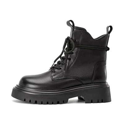 (W) Aokang Leather Round Toe Lace-Up Mid-Calf Martin Boots 'Black'