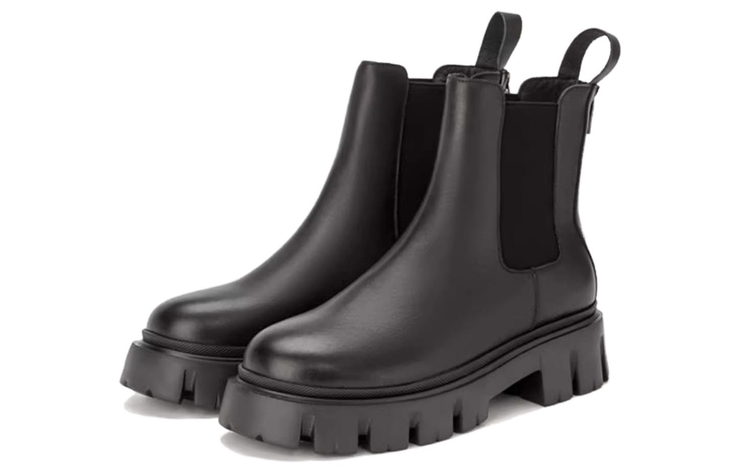 (W) Aokang Leather Round Toe Lace-Up Mid-Calf Chelsea Boot 'Black' 圖 2