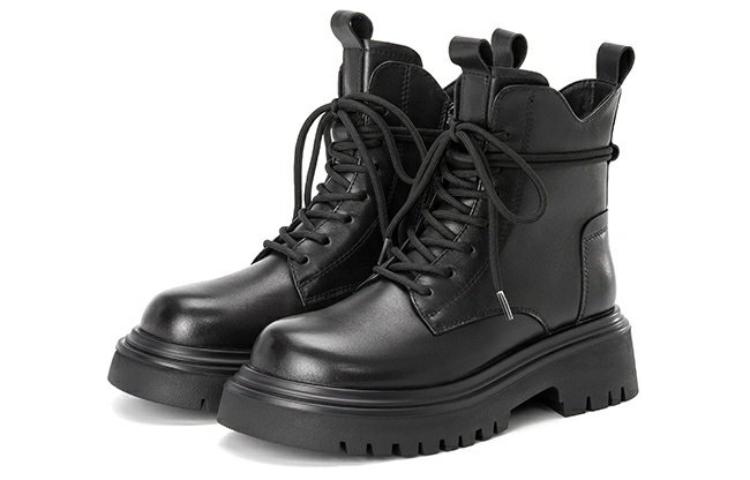 Lookbook 奧康AOKANG 牛皮革 圓頭繫帶 中筒 馬丁靴 5.5公分 女款 黑色