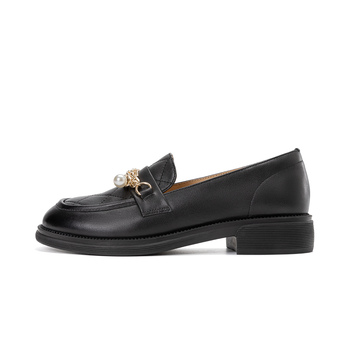 (Women) Aokang Leather Round Toe Saddle Buckle Loafer 'Black' 1224414013