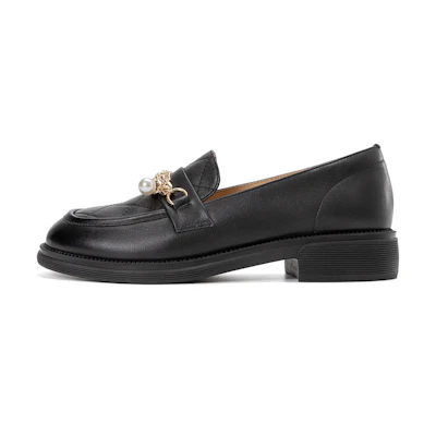 (W) Aokang Leather Round Toe Saddle Buckle Loafer 'Black'