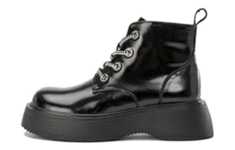 (Women) Aokang Leather Round Toe Thick Sole Mid-Calf Martin Boots 'Black' 1224913043