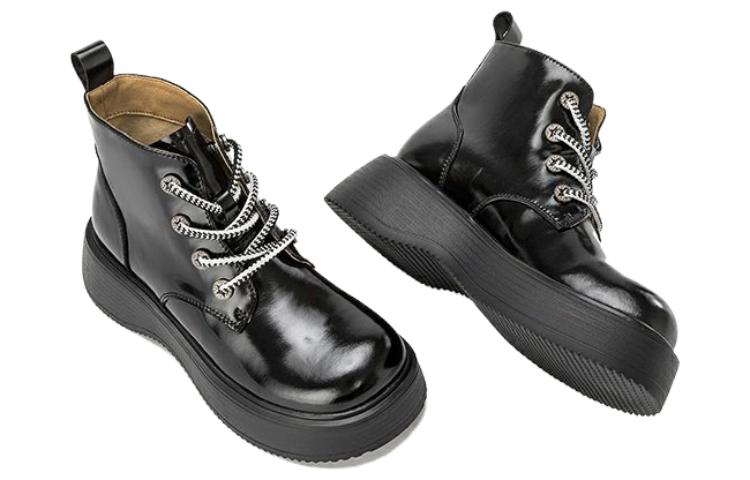 Order (W) 奥康黑色厚底中筒圆头马丁靴 1224913043