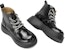 (W) But Aokang Round Toe Martin Kulit Tumit Tebal Pertengahan Betis 'Hitam' 1224913043