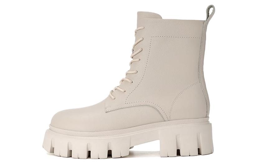 (W) Aokang Leather Round Toe Zip Mid-Calf Martin Boots 'White'