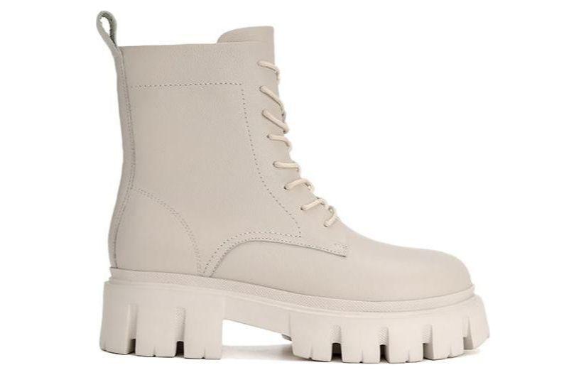 (W) Aokang Leather Round Toe Zip Mid-Calf Martin Boots 'White' 圖 2