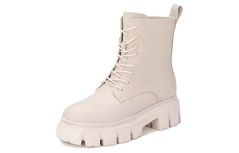 (W) Aokang Leather Round Toe Zip Mid-Calf Martin Boots 'White' 圖 3