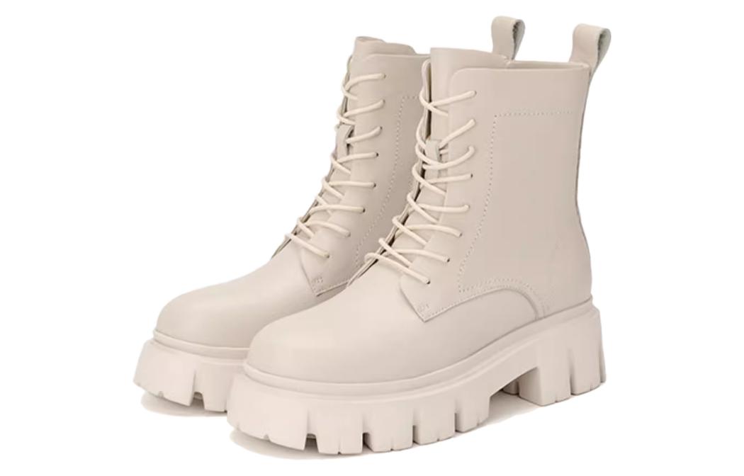 (W) Aokang Leather Round Toe Zip Mid-Calf Martin Boots 'White' 圖 4